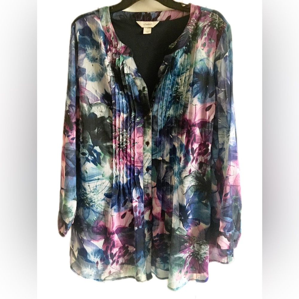 CJ Banks Woman's 1X Lined Sheer Floral Top Pleated Bodice Cuff or Long Sleeves
